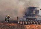 Bombeiros controlam fogo em colheitadeira em São Francisco às margens da BR-153