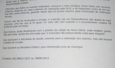 Família recorre ao Ministério Público após prefeito de Nova Glória negar auxilio em cirurgia de urgência de uma jovem de 16 anos