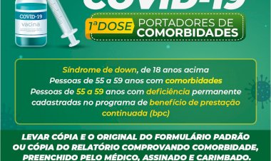 A Prefeitura de Ceres, por meio da Secretaria Municipal de Saúde, informa que será iniciada a vacinação de pessoas com comorbidades