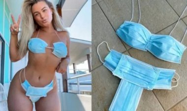 Influencer causa polêmica ao usar biquíni feito de máscaras; foto