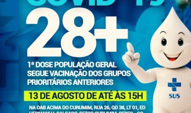 Prefeitura de Ceres comunica vacinação contra a covid 19 28+ dia 13 de agosto de até 15 hrs