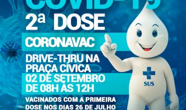 Prefeitura de Ceres comunica 2ª dose CORONAVAC vacinação contra a covid dia 02 de setembro das 8 hrs as 12 hrs