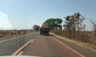 Homens se arriscam sobre carga de melancia em caminhão na GO-154, em Uruana; vídeo