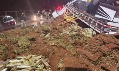 Caminhão tomba em frente a batalhão de PM em Minas Gerais e espalha maconha pela pista