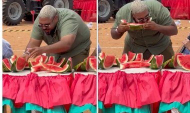 Após trocar convite da ONU por participação em Festa da Melancia, Paulo Vieira vence competição de quem come mais a fruta, e vídeo viraliza