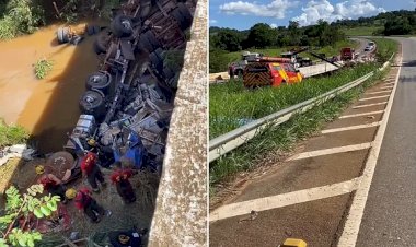 Em Goiás: Ocupantes de caminhão ficam presos às ferragens após veículo cair de ponte na GO-080