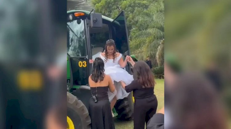 ‘Rústica e sistemática’: noiva chega de trator no casamento em Senador Canedo