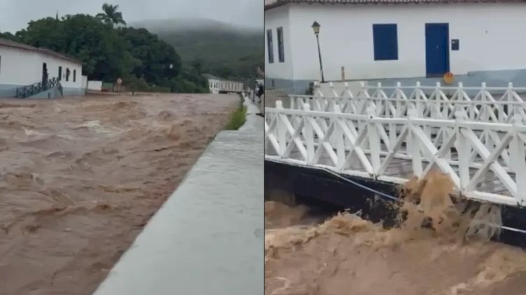 Rio Vermelho transborda após forte chuva na Cidade de Goiás