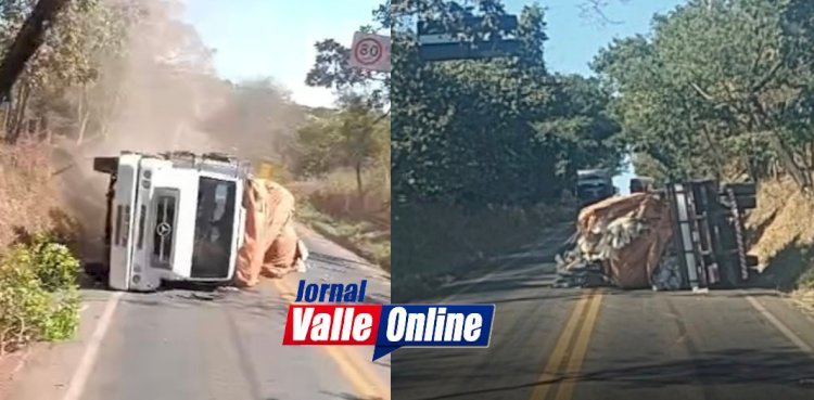 Caminhão tomba na GO-230 e deixa trânsito parcialmente interditado na ''Serra do Brás'', em Uruana - Goiás